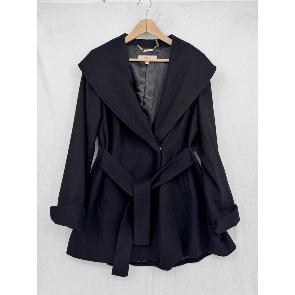Trina Turk Black Wool Blend Wrap Swing Coat Shawl Collar Belted 12 Minimalist